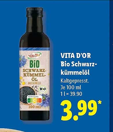 VITA D’OR Bio Schwarz-kümmelöl Kaltgepresst. Je 100 ml 1l = 39.90