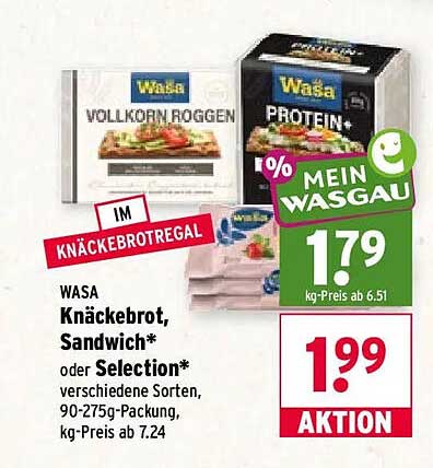 WASA Knäckebrot, Sandwich* oder Selection* verschiedene Sorten, 90-275g-Packung, kg-Preis ab 7.24