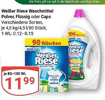 Weißer Riese Waschmittel Pulver, Flüssig oder Caps Verschiedene Sorten, je 4,5 kg/4,5 l/80 Stück, 1 WL: 0,12–0,15