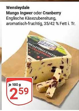 Wensleydale Mango Ingwer oder Cranberry Englische Käsezubereitung, aromatisch-fruchtig, 35/42 % Fett i. Tr.