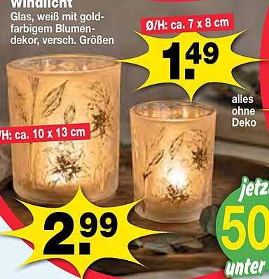 Windlicht Glas, weiß mit gold-farbigem Blumendekor, versch. Größen