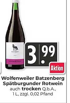 Wolfenweiler Batzenberg Spätburgunder Rotwein auch trocken Q.b.A. 1 L, zzgl. 0,02 Pfand