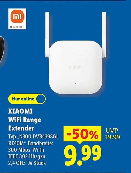 XIAOMI WiFi Range Extender Typ „N300 DVB4398GL RD10M“. Bandbreite: 300 Mbps. Wi-Fi IEEE 802.11b/g/n 2,4 GHz. Je Stück
