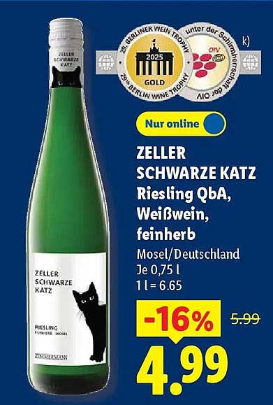 ZELLER SCHWARZE KATZ Riesling QbA, Weißwein, feinherb