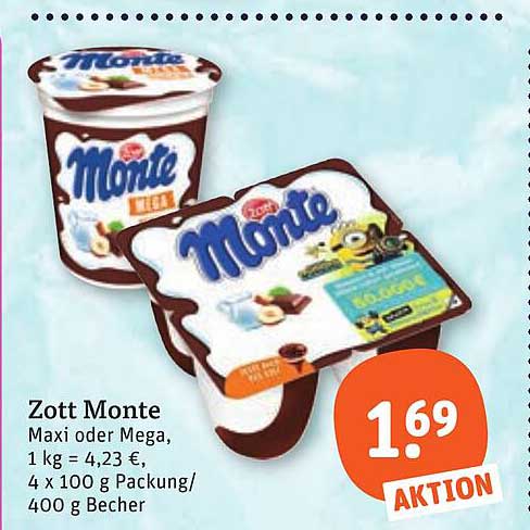 Zott Monte Maxi oder Mega, 1 kg = 4,23 €, 4 x 100 g Packung/ 400 g Becher