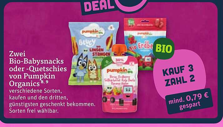 Zwei Bio-Babysnacks oder-Quetschies von Pumpkin Organics