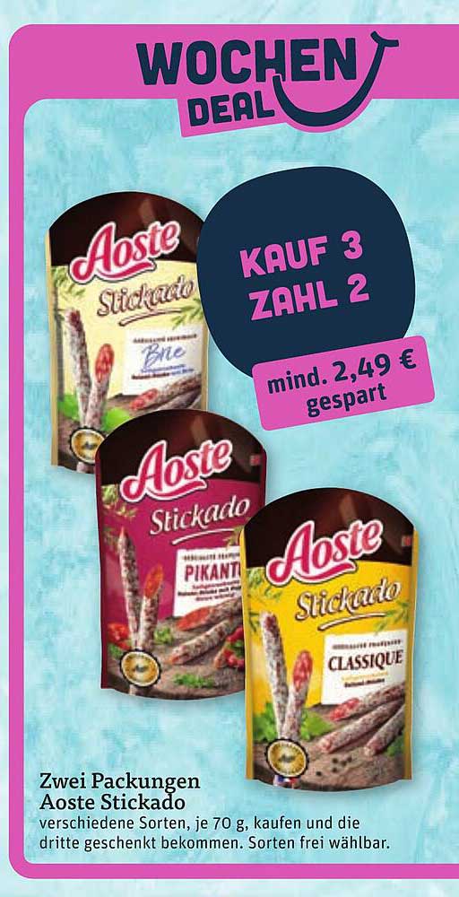 Zwei Packungen Aoste Stickado verschiedene Sorten, je 70 g, kaufen und die dritte geschenkt bekommen. Sorten frei wählbar.