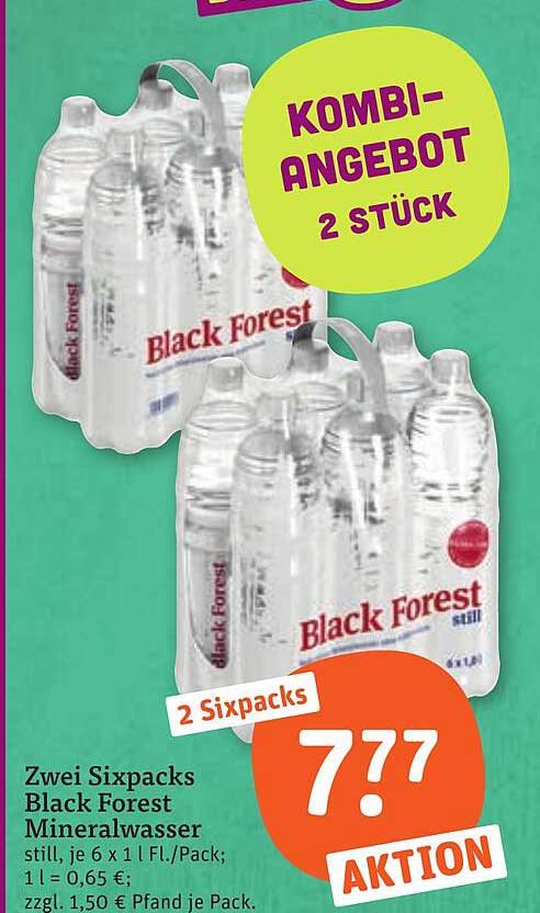 Zwei Sixpacks Black Forest Mineralwasser still, je 6 x 1 l Fl./Pack; 1 l = 0,65 €; zzgl. 1,50 € Pfand je Pack.