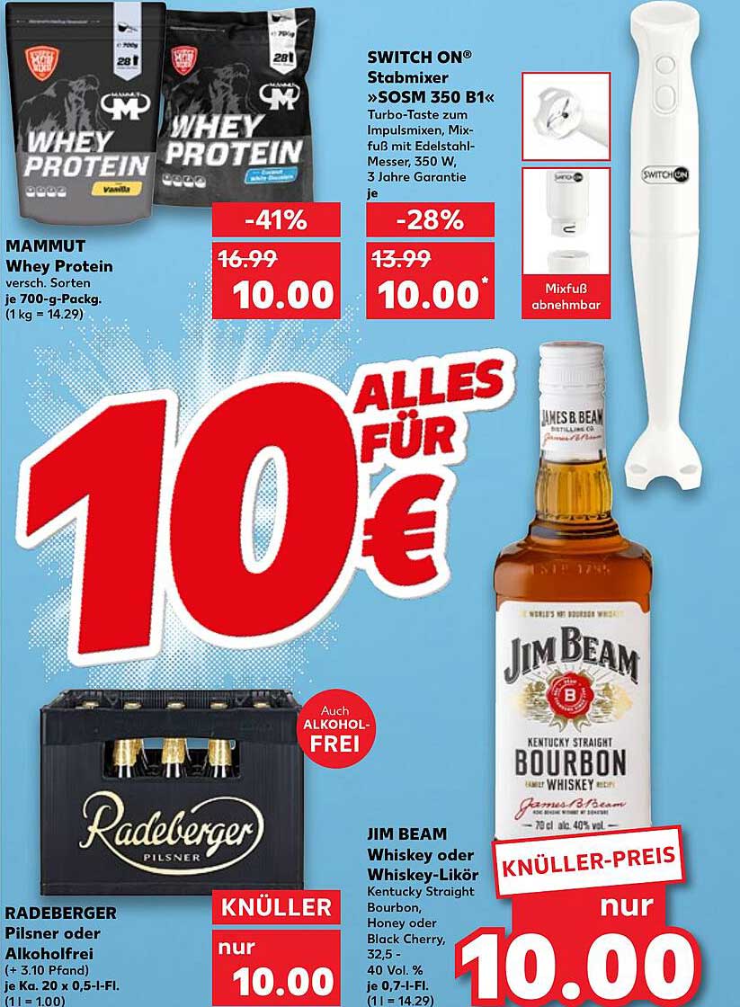 10€ für eine Auswahl an Köstlichkeiten – Jim Beam, Radeberger Pilsner, Mammut Whey Protein und SWITCH ON® Stabmixer
