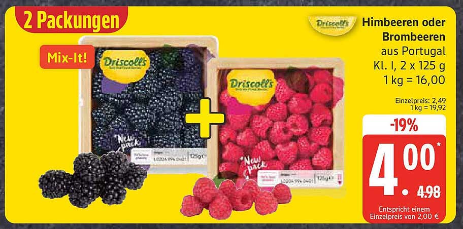 2 Packungen Himbeeren oder Brombeeren aus Portugal