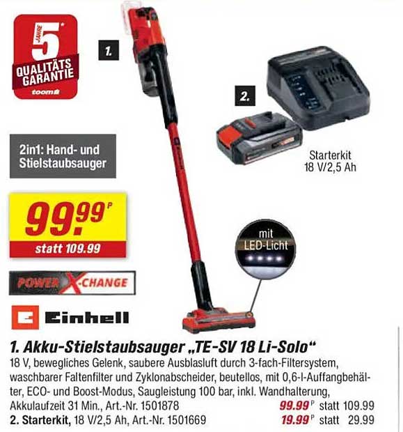 Akku-Stielsauger „TE-SV 18 Li-Solo“ mit Starterkit