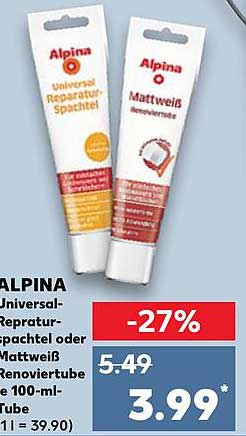 ALPINA Universal-Reparatur-Spachtel oder Mattweiß Renoviertube 100-ml-Tube
