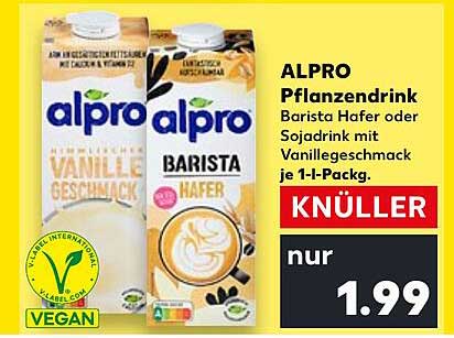 ALPRO Pflanzendrink Barista Hafer oder Sojadrink mit Vanillegeschmack je 1-L-Pack.