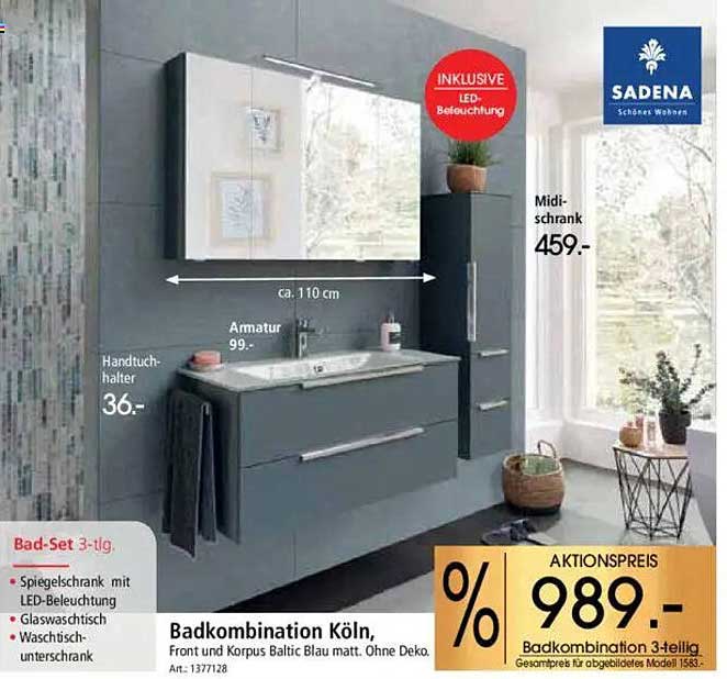 Badkombination Köln, 3-tlg. mit Spiegelschrank und LED-Beleuchtung