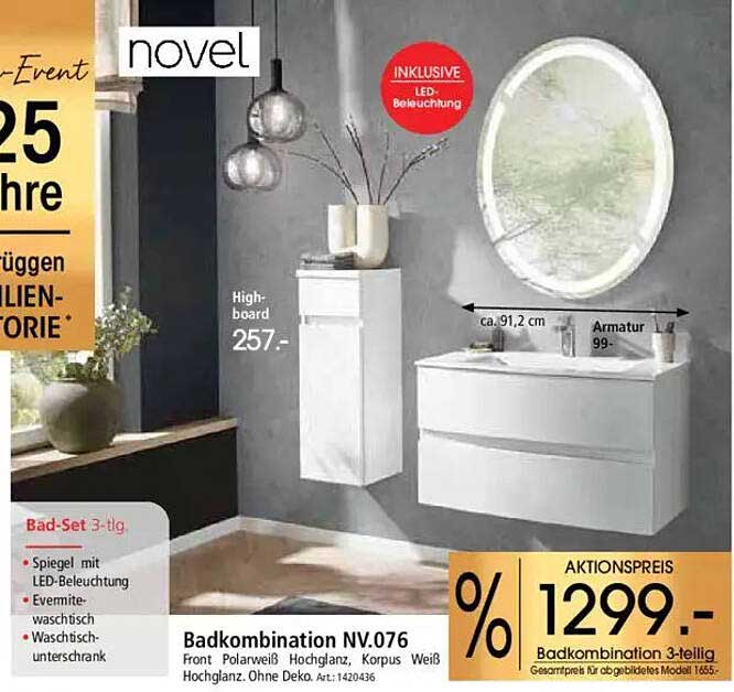 Badkombination NV.076 – 3-teilig mit Spiegel und LED-Beleuchtung