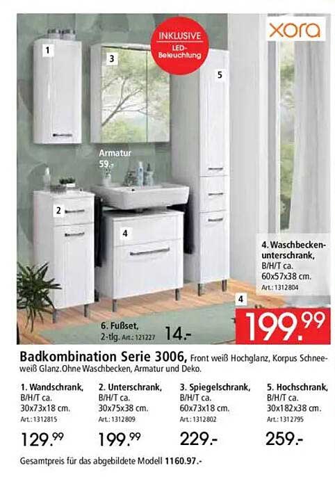 Badkombination Serie 3006, Front weiß Hochglanz, Korpus Schneeweiß Glanz. Ohne Waschbecken, Armatur und Deko.