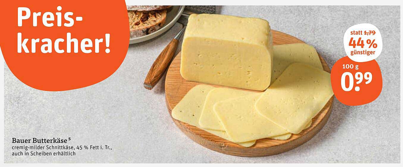 Bauer Butterkäse, cremig-milder Schnittkäse, 45 % Fett i. Tr.