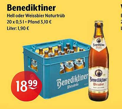 Benediktiner Hell oder Weissbier Naturtrüb 20 x 0,5 l + Pfand 3,10 €