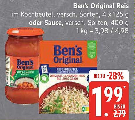 Ben's Original Reis im Kochbeutel, verschiedene Sorten, 4 x 125 g oder Sauce, verschiedene Sorten, 400 g