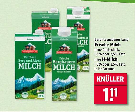 Berchtesgadener Land Frische Milch ohne Gentechnik, 1,5% oder 3,5% Fett, je 1-l-Packung