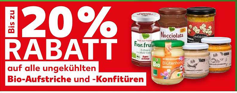 Bis zu 20% Rabatt auf alle ungekühlten Bio-Aufstriche und -Konfitüren