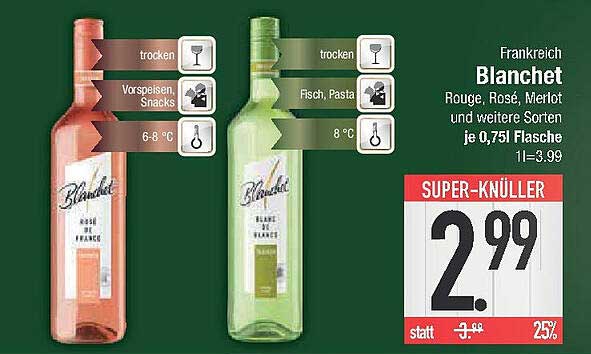 Blanchet Rouge, Rosé, Merlot und andere Sorten je 0,75l Flasche