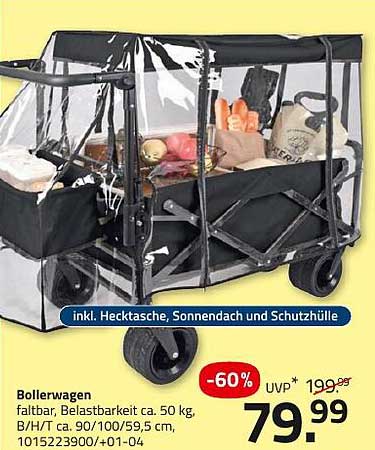 Bollerwagen faltbar inkl. Hecktasche, Sonnendach und Schutzhülle