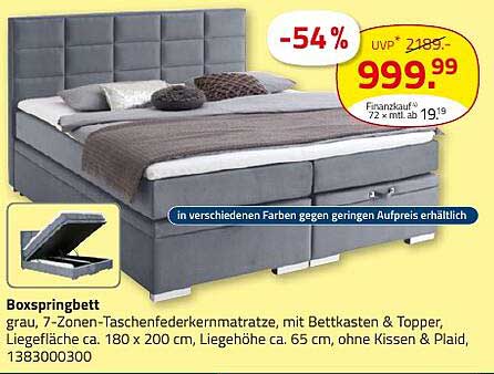 Boxspringbett grau, 7-Zonen-Taschenfederkernmatratze, mit Bettkasten & Topper, Liegefläche ca. 180 x 200 cm