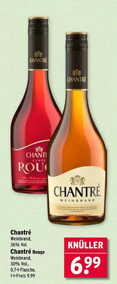 Chantré Weinbrand, 36% Vol. und Chantré Rouge Weinbrand, 30% Vol., 0,7-l-Flasche, 1-l-Preis 9,99