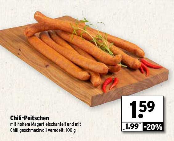 Chili-Peitschen mit hohem Magerfleischanteil und mit Chili geschmackvoll veredelt, 100 g