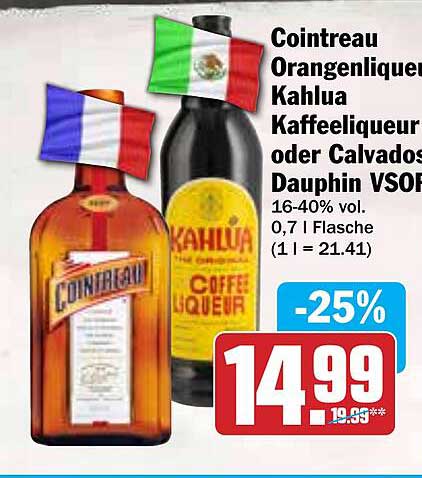 Cointreau Orangenlikör, Kahlua Kaffeelikör oder Calvados Dauphin VSOP