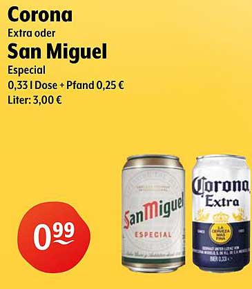 Corona Extra oder San Miguel Especial 0,33 l Dose