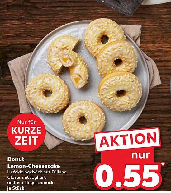 Donut Lemon-Cheesecake Hefeklein gebäck mit Füllung, Glasur mit Joghurt und Vanillegeschmack je Stück