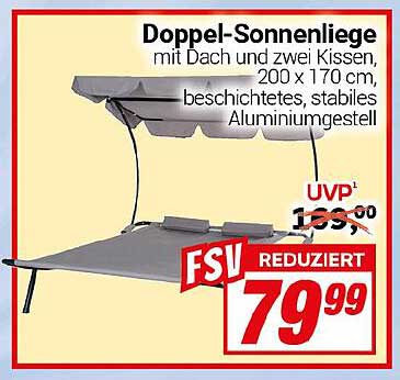 Doppel-Sonnenliege mit Dach und zwei Kissen, 200 x 170 cm, beschichtetes, stabiles Aluminiumgestell