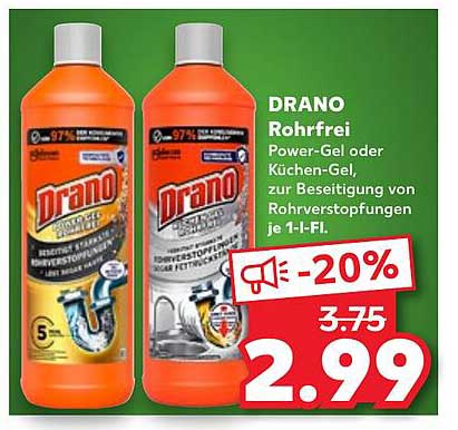 DRANO Rohrfrei Power-Gel oder Küchen-Gel zur Beseitigung von Rohrverstopfungen je 1-L- Fl.
