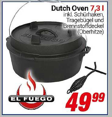Dutch Oven 7,31 inkl. Schürhaken, Tragbügel und Brennstoffdeckel (Oberhitze)