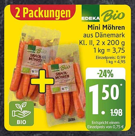 EDEKA Bio Mini Möhren aus Dänemark, 2 x 200 g