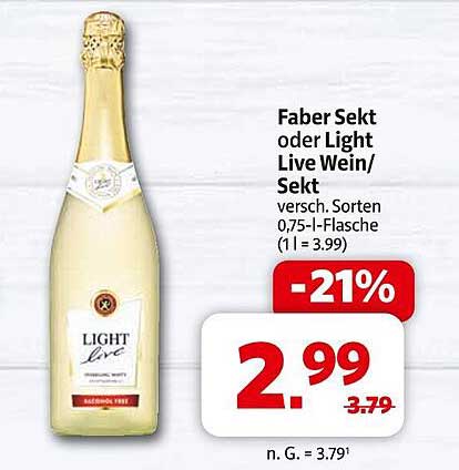 Faber Sekt oder Light Live Wein/Sekt, 0,75-l-Flasche - Jetzt nur 2,99 €!