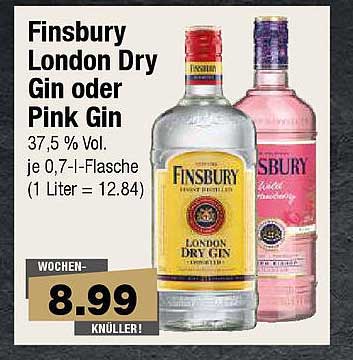 Finsbury London Dry Gin oder Pink Gin 0,7l für nur 8,99 €