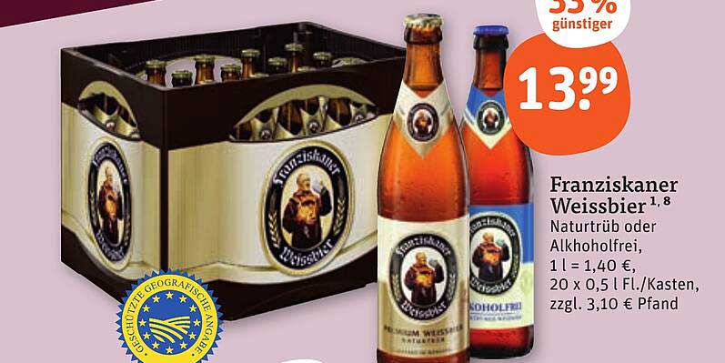 Franziskaner Weissbier 1,8 Natürtrüb oder Alkoholfrei im 20er Kasten