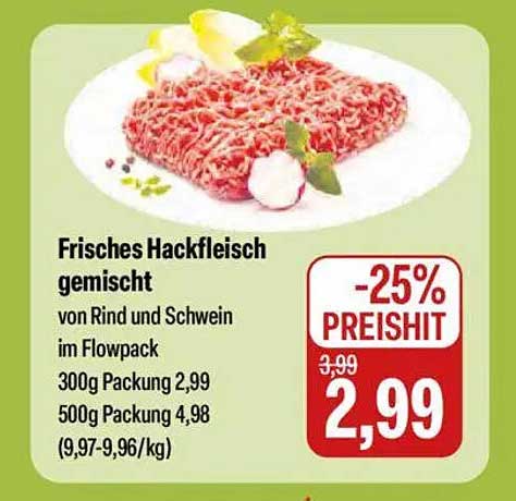 Frisches Hackfleisch gemischt von Rind und Schwein im Flowpack