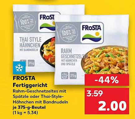 FROSTA Fertiggericht Rahm-Geschnetzeltes mit Spätzle oder Thai-Style-Hähnchen mit Bandnudeln je 375-g-Beutel