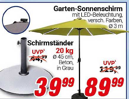 Garten-Sonnenschirm mit LED-Beleuchtung, verschieden Farben, Ø 3 m