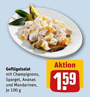 Geflügelsalat mit Champignons, Spargel, Ananas und Mandarinen, je 100 g