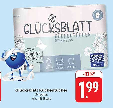 GLÜCKSB Blatt Küchentücher 3-lagig, 4 x 45 Blatt