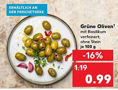 Grüne Oliven mit Basilikum verfeinert, ohne Stein je 100 g