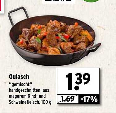 Gulasch "gemischt" handgeschnitten, aus magerem Rind- und Schweinefleisch, 100 g