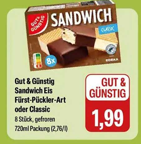 Gut & Günstig Sandwich Eis Fürst-Pückler-Art oder Classic, 8 Stück, gefroren
