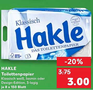 HAKLE Toilettenpapier, 3-lagig, klassisch weiß, Jasmin oder Design-Edition