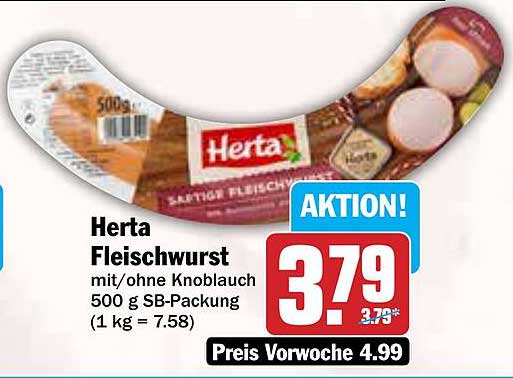 Herta Fleischwurst mit/ohne Knoblauch 500 g SB-Packung